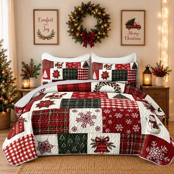 WYSHOP Plaid Patchwork Quilt Christmas Bedspread King with 2 Pillowcases. | Santa Reindeer Snowflake Snowman Bell Print Christmas Quilt Set for Kids Adults Holiday Home Decor.