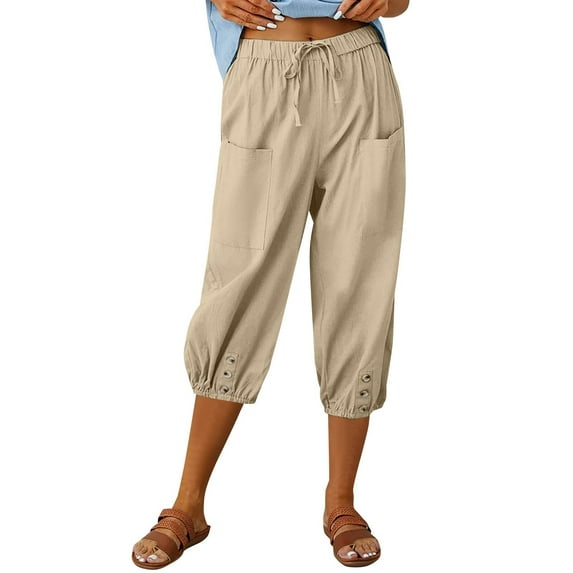 YOTMKGDO Linen Pants Women | Women's Spring and Summer Casual Seven Point Loose Drawstring High Waisted Cotton Bunches with Buttons Womens Capris, Khaki XX-Large