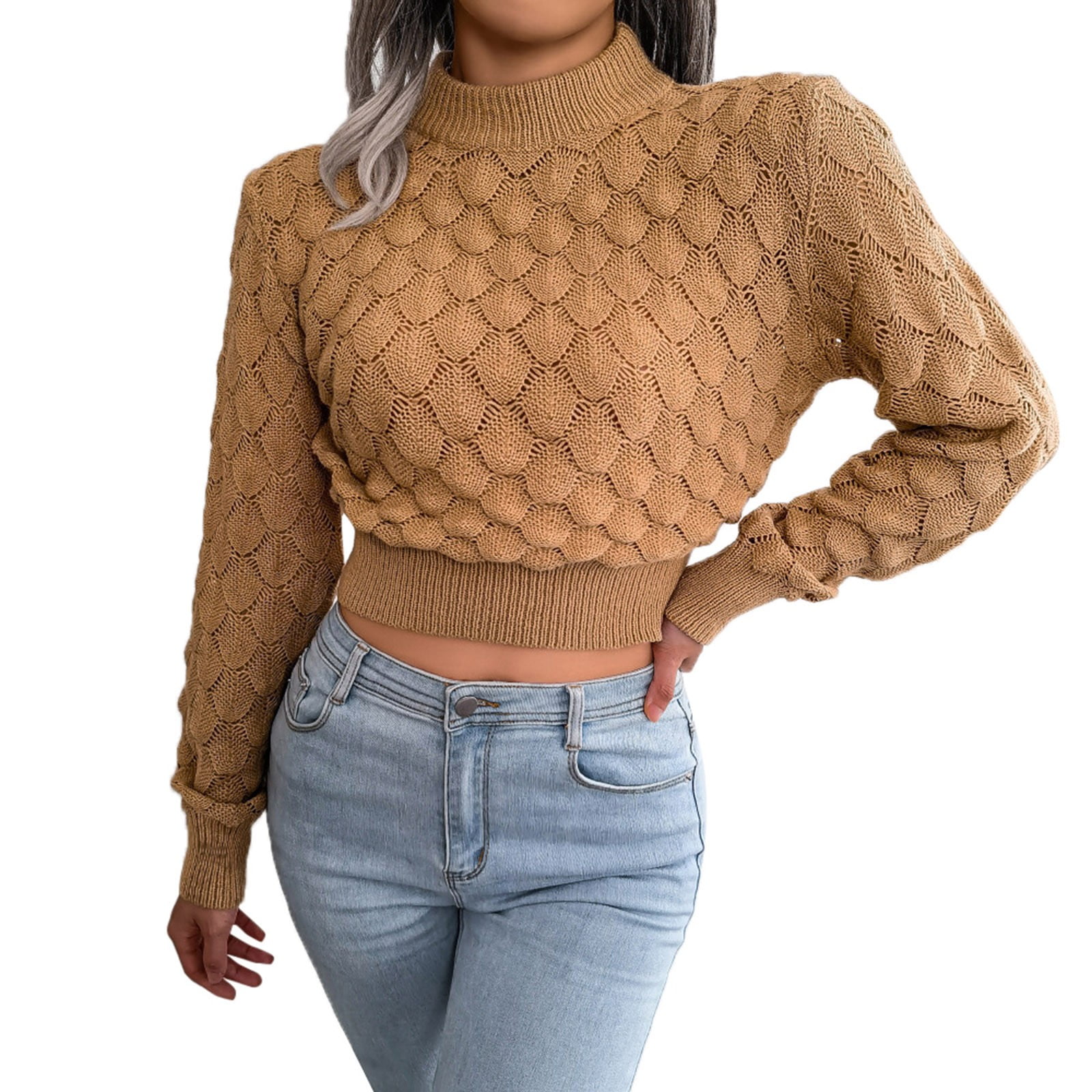 WYXSH Women Neck Crop Sweaters Long Sleeve Solid Color Pullover Knit