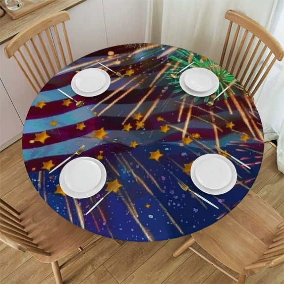 WYYP 4th of July American Independence Day , Elastic Fitted Edged Round Tablecloth Waterproof Anti-Shrink Soft Polyester Table Cloth Washable Table Cover for Banquet Home Indoor or Outdoor, 31-35