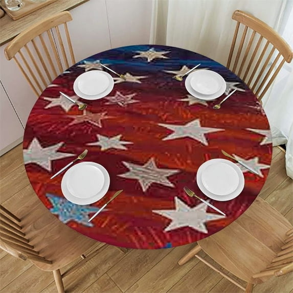 WYYP 4th of July Red Round/Tablecloth 60x60 Inch Patriotic Star Firework Waterproof Table Cloth, Polyester Washable Independence Day Decorations Table Covers for Dining Table, Parties, Camping 54-58