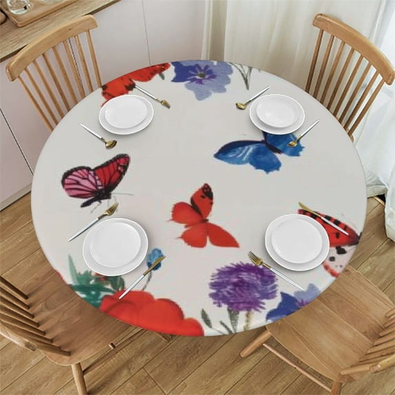 WYYP 4th of July Tablecloth Round Red Blue Watercolor Flowers Table Cover Patriotic Stars Stain Resistance Polyester Washable Circle Table Cloth for Party Outdoor Kitchen Dining Table Decor 42-46