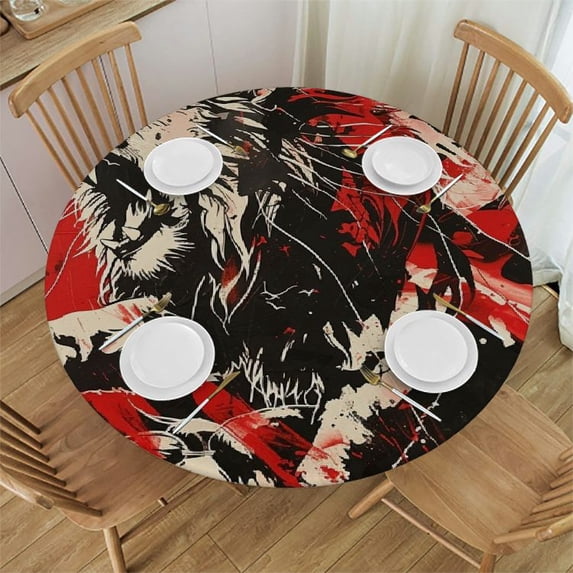 WYYP A Majestic Lion Majestic and Domineering Round Tablecloth with Elastic Edge 100% Polyester Fiber Waterproof Resistant Fabric White