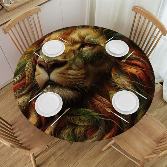 WYYP A Majestic Lion Outdoor Fitted Round Table Cloth 100% Polyester Fiber White