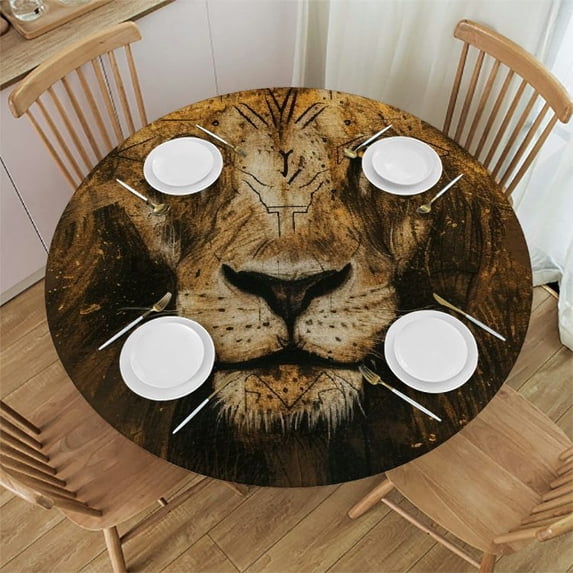 WYYP A Majestic Lion Round Table Cloth 100% Polyester Fiber Great for Home Kitchen/Parties/Holiday Dinner White