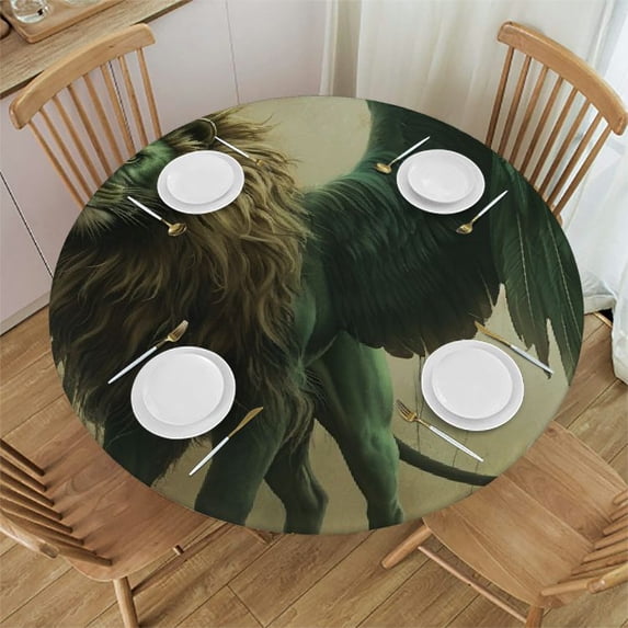 WYYP A Majestic Lion Round Table Cover 100% Polyester Fiber Full Width Single-Sided Printing White