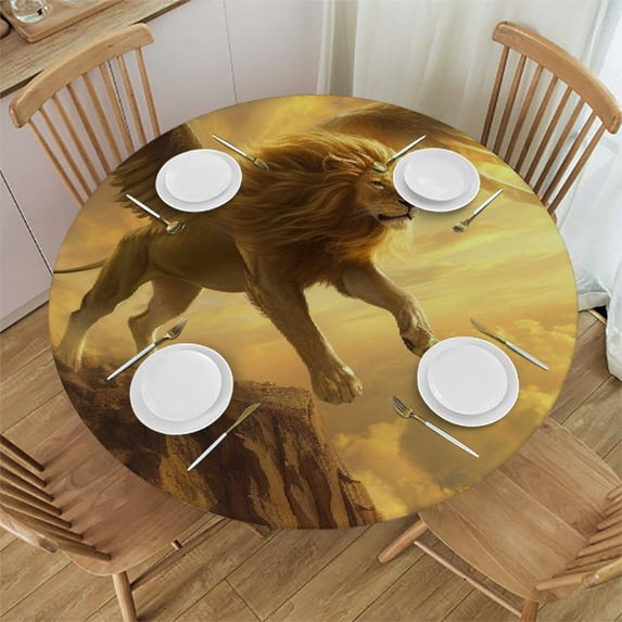 WYYP A Majestic Lion Round Table Cover 100% Polyester Fiber Outdoor Picnic Camping and Indoor Kitchen Dining Party White