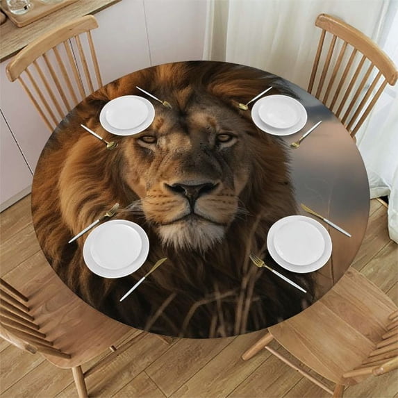 WYYP A Majestic Lion Round Table Cover 100% Polyester Fiber Tablecloth White