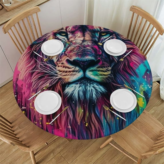 WYYP A Majestic Lion Round Tablecloth 100% Polyester Fiber Full Width Single-Sided Printing White
