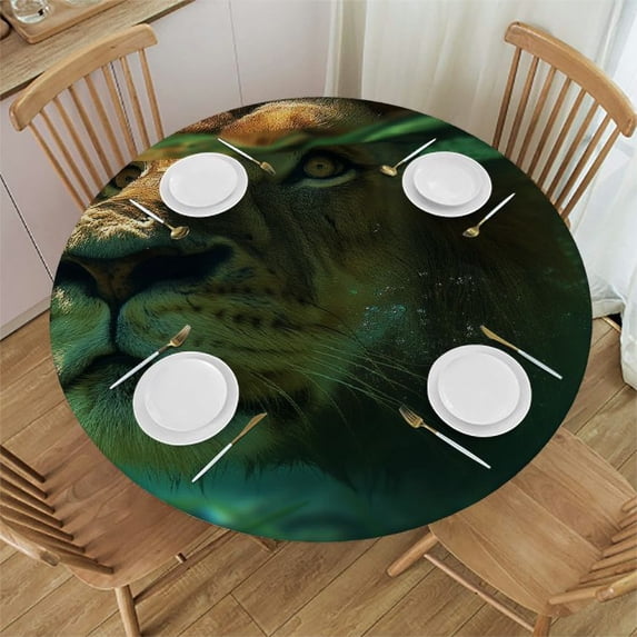 WYYP A Majestic Lion Round Tablecloth 100% Polyester Fiber Great for Home Kitchen/Parties/Holiday Dinner White