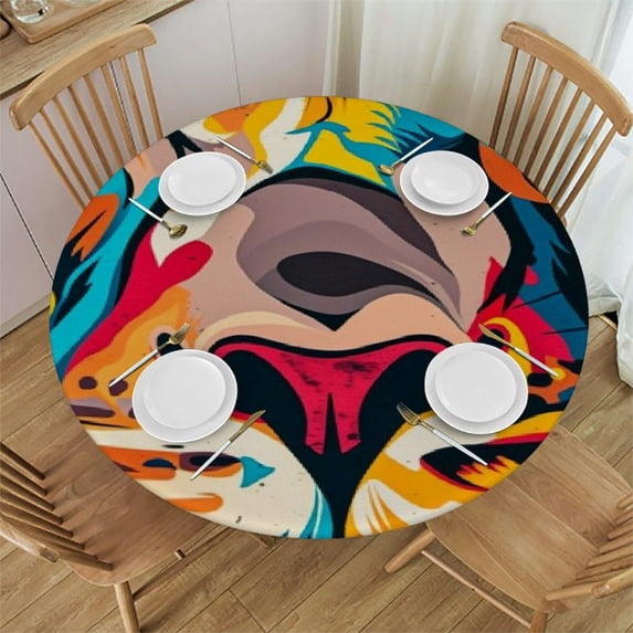 WYYP A Majestic Lion Round Tablecloth 100% Polyester Fiber Waterproof White