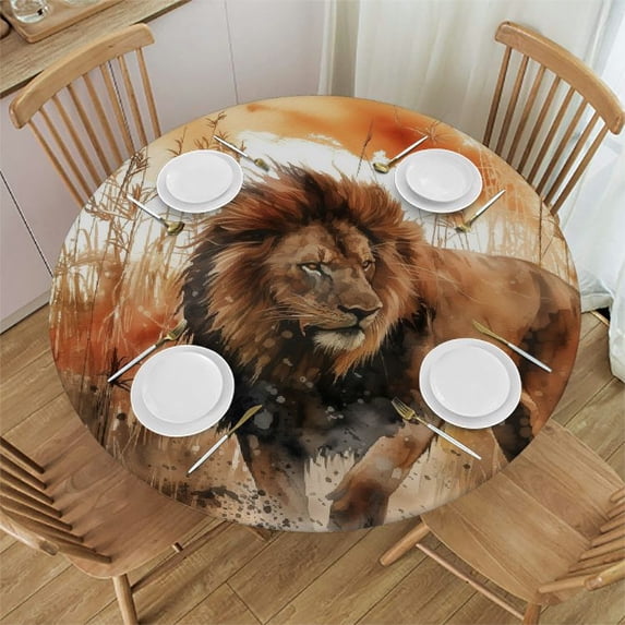 WYYP A Majestic Lion Round Tablecloth for Picnic Dining Kitchen Farmhouse 100% Polyester Fiber Great for Home Kitchen/Parties/Holiday Dinner White