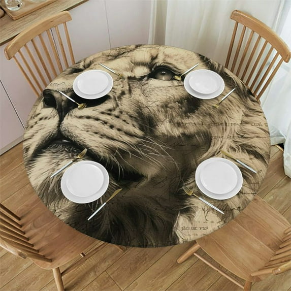 WYYP A Majestic Lion Round Tablecloth for Picnic Dining Kitchen Farmhouse 100% Polyester Fiber White