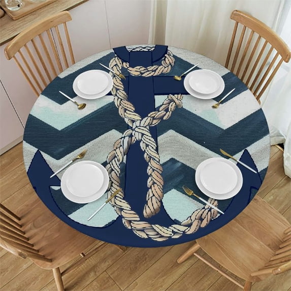 WYYP Anchor Chevron Rope Round Tablecloth - Outdoor Picnic Camping and Indoor Kitchen Dining Party Table Decoration - 100% Polyester Fiber White