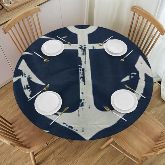 WYYP Anchors Circles Round Table Cover Waterproof Resistant Fabric 100% Polyester Fiber White