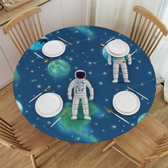 WYYP Astronaut Earth Pattern Fitted Round Table Cover with Elastic Protector Table Kitchen Dinner Waterproof Oil-Proof Tablecloth White