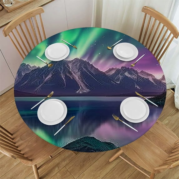 WYYP Aurora Borealis Lake Mountain Range Round Tablecloth Washable for Home Kitchen Outdoor Decoration 100% Polyester Fiber with Elastic Edge White