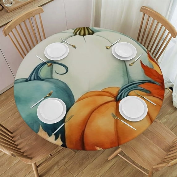 WYYP Autumn Fall Elastic Round Tablecloth, Buffalo Plaid Pumpkin Thanksgiving Fitted Tablecloths for Round Table Oil-Proof Waterproof Table Cloth White