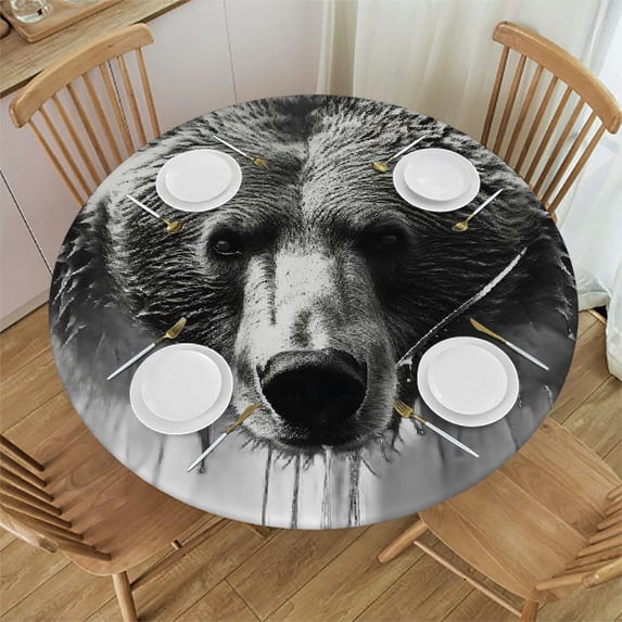 WYYP Bear Twig Symbolism Round Table Cover 100% Polyester Fiber Tablecloth White
