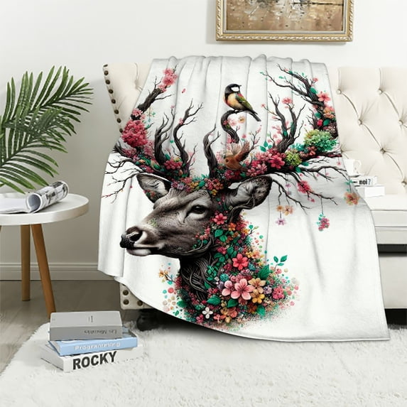 WYYP Bed Watercolor Deer Big Antlers Flowers and Birds on The Horns Flannel Blanket White