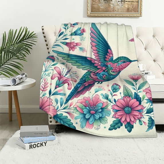 WYYP Bird Colorful Flowers Print Flannel Bed Blanket Super Soft White