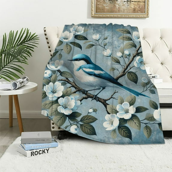 WYYP Bird and Flower Vintage White Floral Blue Bird Pictures Lightweight Flannel Bed Blanket White