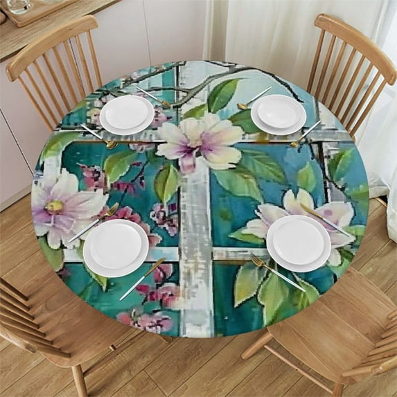WYYP Birds Flowers Window Round Table Cover Waterproof Resistant Fabric 100% Polyester Fiber White