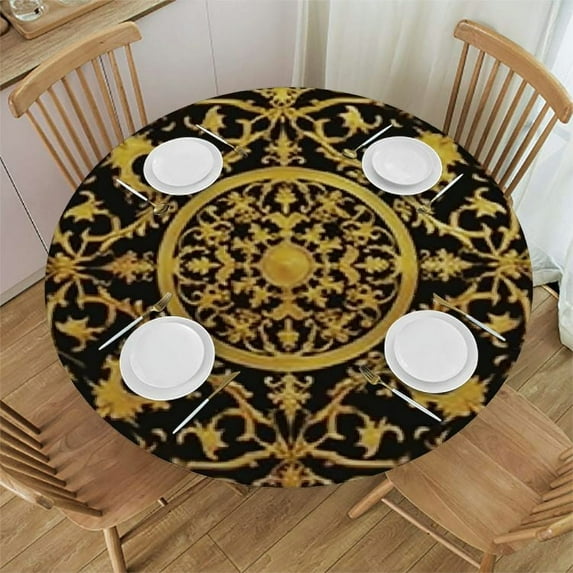 WYYP Black Yellow Elastic Edged Polyester Fitted Table Cover Moon Star Figures Mystical Mandala Waterproof Wipeable Round Table Cover for Indoor Patio Use Mandala Diameter Tables White