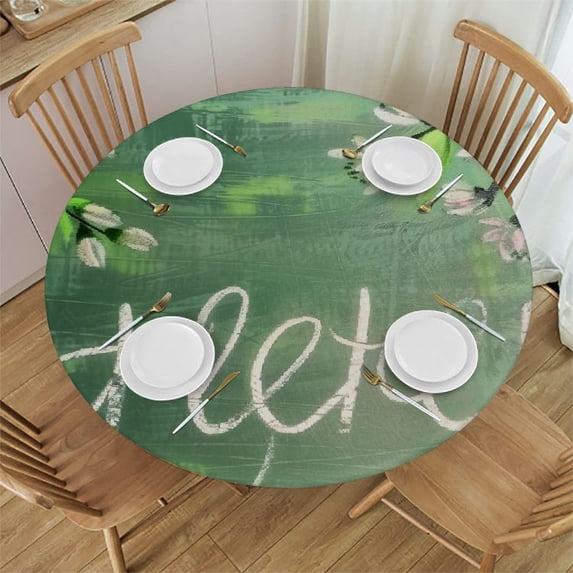 WYYP Blooming Flowers Round Tablecloth with Elastic Edge 100% Polyester Waterproof Resistant Fabric White