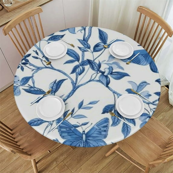 WYYP Blue Bird and Flower Butterfly Round Tablecloth 60 Inch Summer Watercolor Tablecloths for Round Tables Waterproof Polyester Round Table Cover Anti-Slip Table Cloth for Dining 46-50