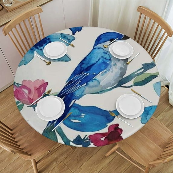 WYYP Blue Bird Flowers Watercolor Painting Round Tablecloth - Great for Home Kitchen/Parties/Holiday Dinner - 100% Polyester Fiber - Full Width Single-Sided Printing White