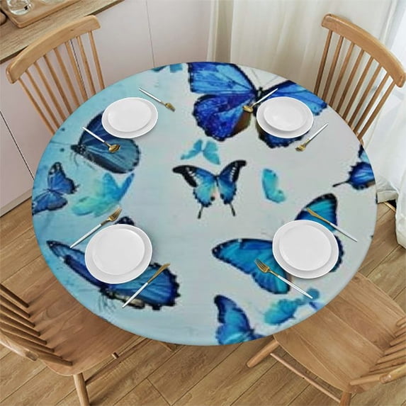 WYYP Blue Spring Butterflies Round Tablecloth Washable Polyester Lace Trim,Summer Fairy Wings 60 Inch Kitchen Circle Table Cloth Cover Mat for Party Dinning Tabletop Wedding Home Decor 38-42
