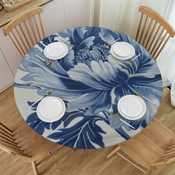 WYYP Blue and White Flowers Round Tablecloth Outdoor Fitted 100% Polyester Fiber with Elastic Edge White