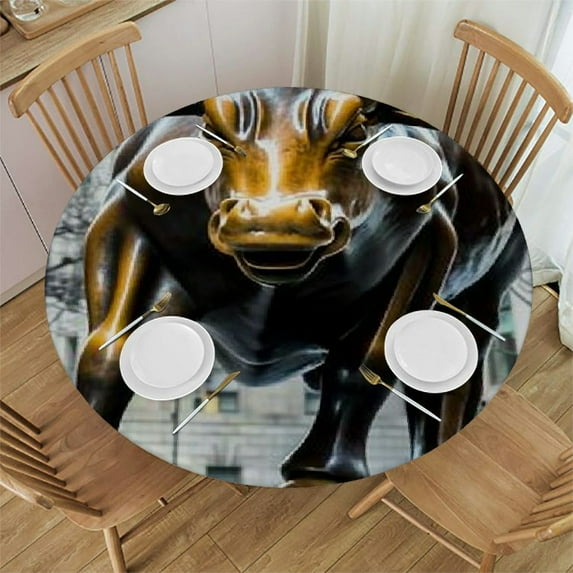 WYYP Bronze Sculpture Round Tablecloth 100% Polyester Fiber with Elastic Edge White