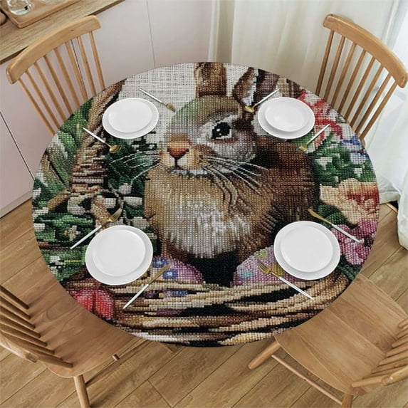 WYYP Bunny Eggs Flowers Round Tablecloth 100% Polyester Easter Table Cover White