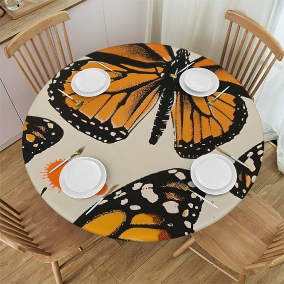 WYYP Butterflies Orange Black Dots Round Tablecloth 100% Polyester Waterproof Resistant Fabric White