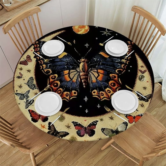 WYYP Butterfly Crescent Stars Round Tablecloth - Great for Home Kitchen/Parties/Holiday Dinner - 100% Polyester Fiber - Waterproof White