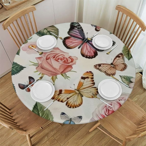 WYYP Butterfly Flower Lightweight Waterproof Resistant Fabric Round Tablecloth White
