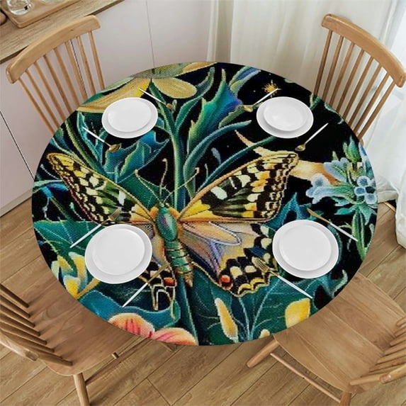 WYYP Butterfly Flowers Fantasy Artwork Round Tablecloth 100% Polyester Fiber Outdoor Picnic Camping and Indoor Kitchen Dining Party White