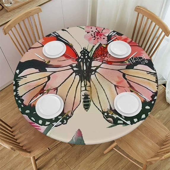 WYYP Butterfly Flowers Round Tablecloth 100% Polyester Fiber Full Width Single-Sided Printing White