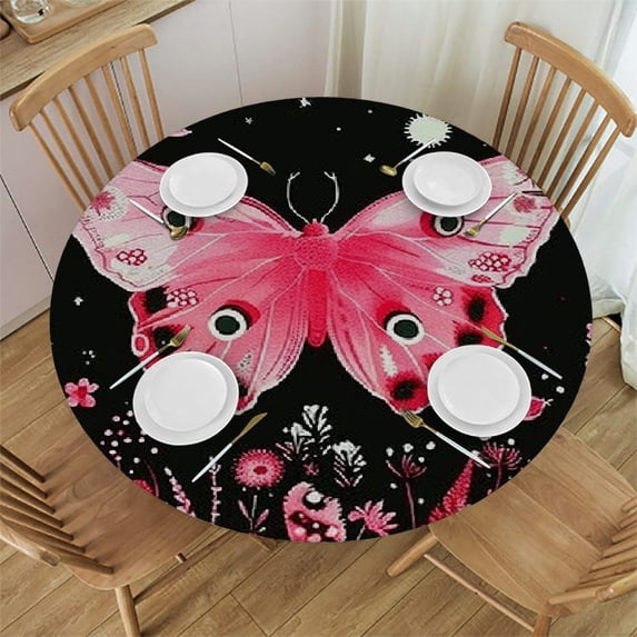 WYYP Butterfly Flowers Stars Round Tablecloth - Great for Home Kitchen/Parties/Holiday Dinner - 100% Polyester Fiber White