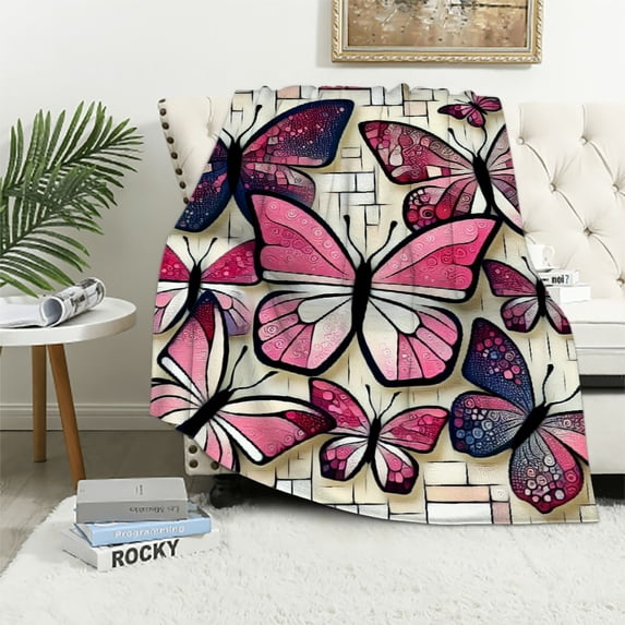 WYYP Butterfly Pink Super Soft Warm Butterfly Flannel Blanket White