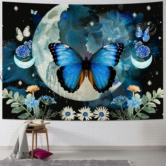 WYYP Butterfly Tapestry Blue Floral with Vintage Moon Phase Boho Mandala Tapestry Wall Hanging Black and White Galaxy Space Wall Tapestry for Bedroom Aesthetic Living Room Decor, 50x40inch
