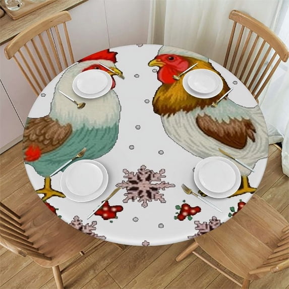 WYYP Christmas Folk Art Intricate Detail Round Tablecloth with Elastic Edge 100% Polyester Fiber Christmas Table Cloth White