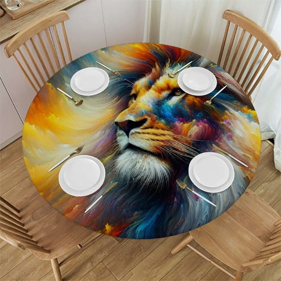 WYYP Colorful Lion Outdoor Fitted Polyester Table Cloth White