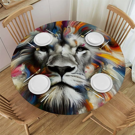 WYYP Colorful Lion Round Tablecloth Waterproof 100% Polyester Fiber Full Width Single-Sided Printing White