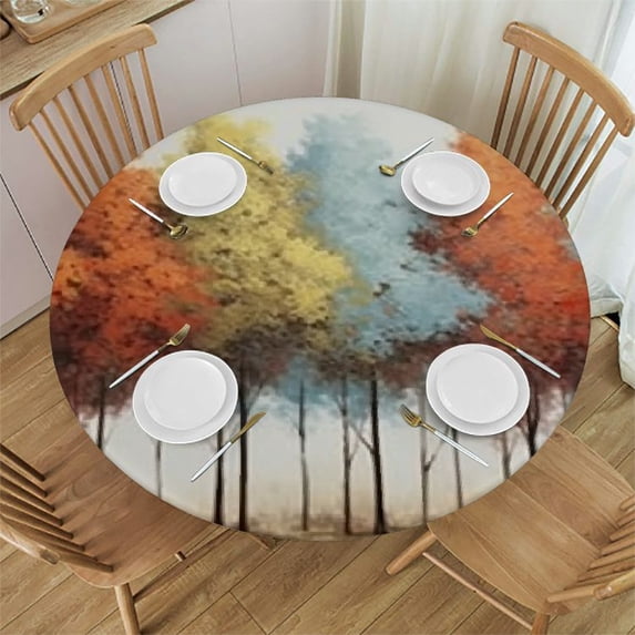 WYYP Colorful Trees Round Tablecloth with Elastic Edge 100% Polyester Fiber Outdoor Fitted White
