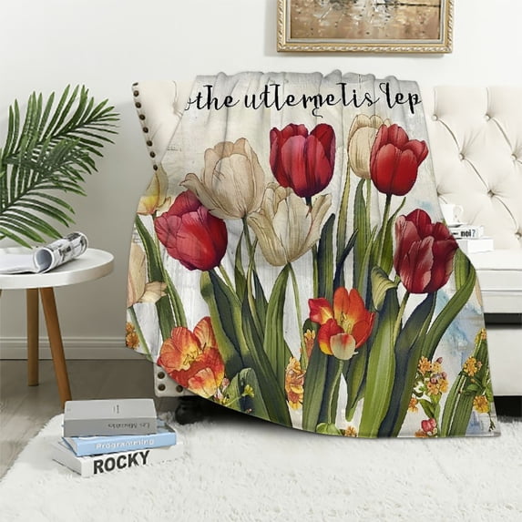 WYYP Country Farmhouse Spring Tulips Spring Sign Flannel Blanket White