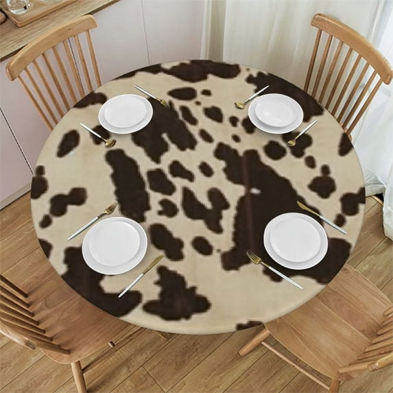 WYYP Cow Print Round Waterproof Table Cover Elastic Edged Tablecloth Wipeable Table Mat for Indoor Outdoor Kitchen Party White