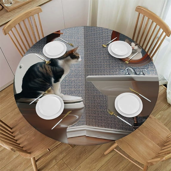 WYYP Cute Cat Round Tablecloth - Great for Home Kitchen/Parties/Holiday Dinner - 100% Polyester Fiber - Mother's Day Tablecloth White